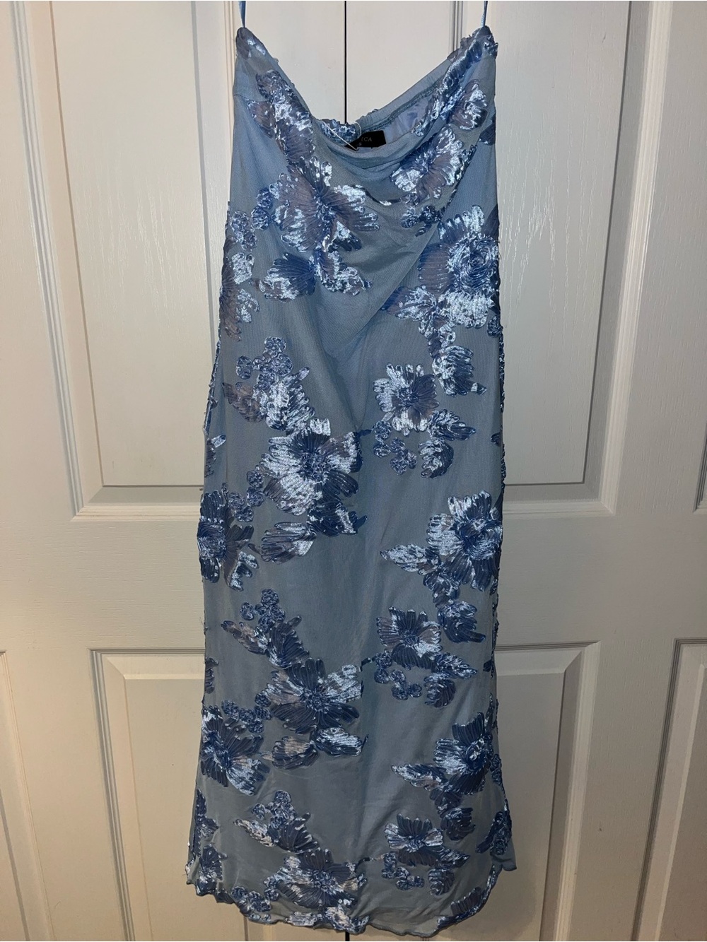 Blue Sequin Floral Maxi Dress with Cowl Neck
